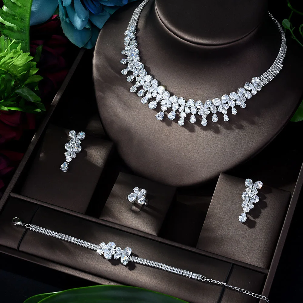 Hibrid Шарм Прозрачный в форме капли воды Дубай ювелирные наборы белый цвет свадебное ожерелье серьги наборы Bijoux bijoux mariage N-1144