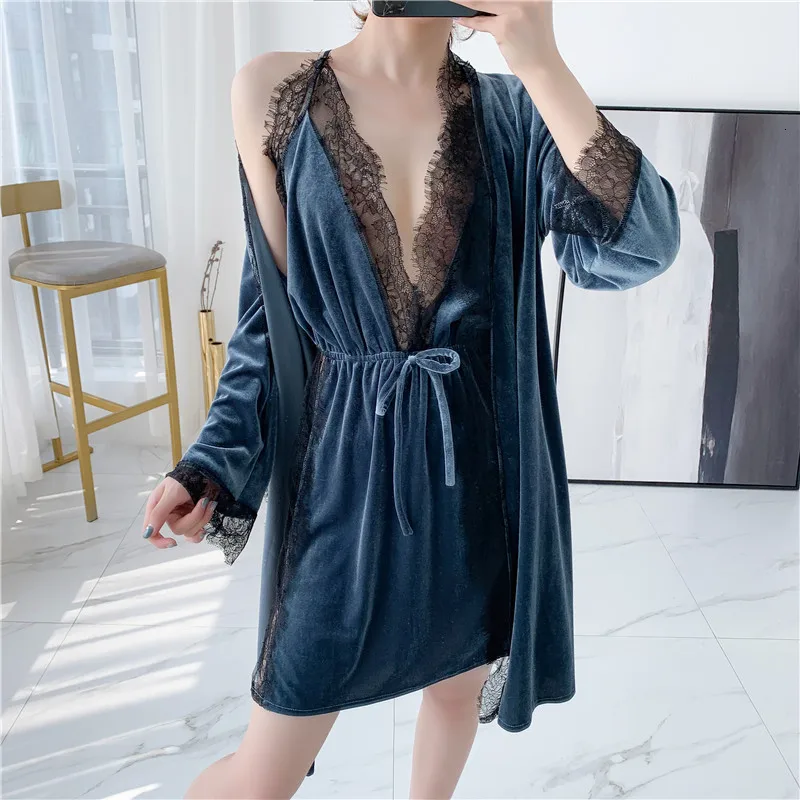 

Winter Gold Velvet Robe Set Keep Warm Thicken Woman Spaghetti Strap Robe Twinset Sleepwear Female Sexy Lace Dress Lounge Wear