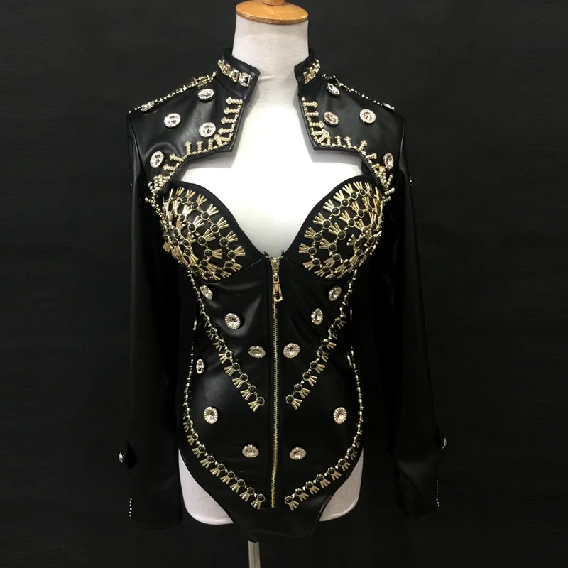 

Handmade Sexy Pole Dance Clothing PU Leather Bodysuit Long Sleeved Jacket Nightclub Female Singer DJ Dance Costume DWY3275