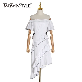 

TWOTWINSTYLE Casual Dress Women O Neck Three Quarter Sleeve Loose Oversize Hem Bandage Lace Up Dresses Female Fashion 2020 Tide
