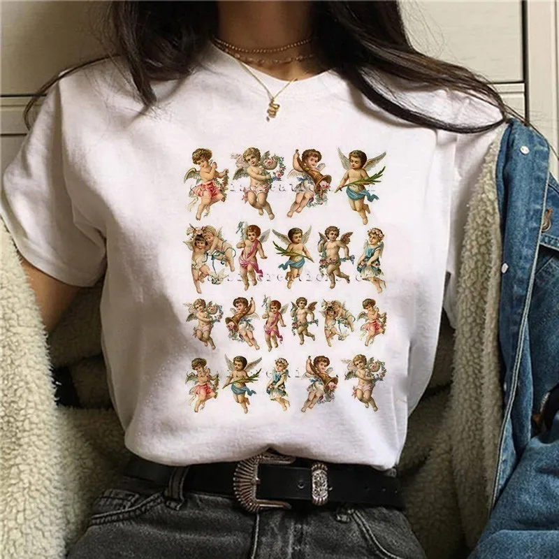 white 90s корейский стиль футболка Эстетическая Kawaii графическая Футболка Модные женские футболки Harajuku Angel забавная Футболка женская Ullzang - Цвет: white