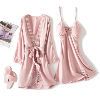 

Women's Sexy Robe & Gown Sets Sexy Lace Sleep Lounge Pijama Long Sleeve Silk Nightwear Spaghetti Strap Lace Sleep Lounge Pijama