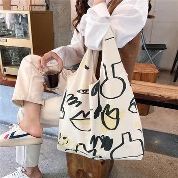 

Over Large Canvas Doodle Printing Tote Bag 2020 Teenager Karean Style Reusable Fabric Cotton Vest Women Daily Open Shopping Bag