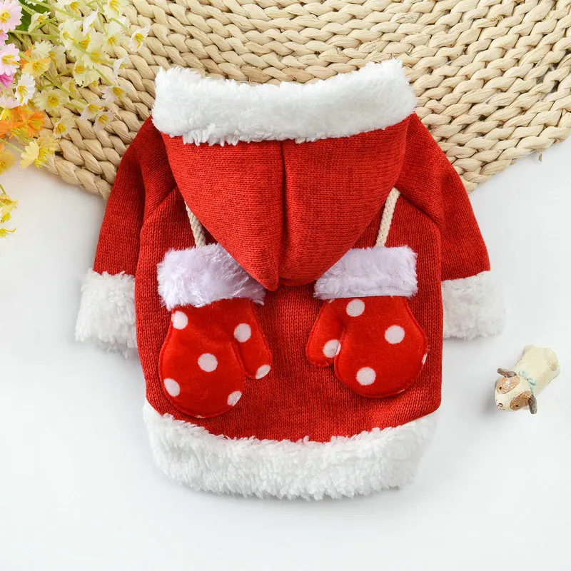 Рождественская Одежда для собак, вязаный свитер, зимнее теплое пальто с капюшоном для маленьких собак, кошек, лужи, щенков, котят, поставка одежды для питомцев - Цвет: Красный