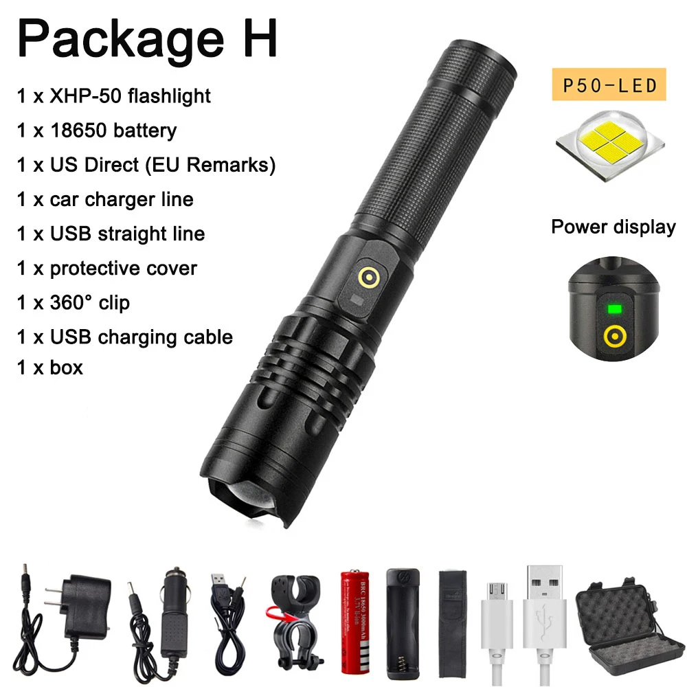 

2019 explosion 3800LM LED Flashlight Ultra powerful XHP50 flashlight Zoom USB flashlight 18650 flashlight hunting lamp rechargea
