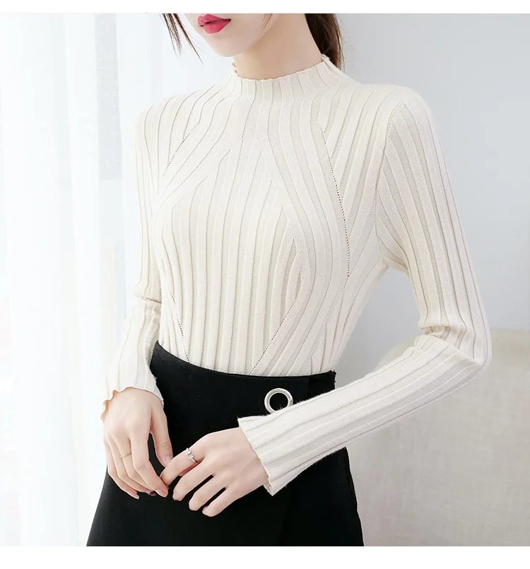 Pull Femme, новинка, пуловер с длинным рукавом, однотонный джемпер, вязаный свитер, Женский Повседневный тонкий свитер с высоким воротом, женская зимняя одежда, 6999 50