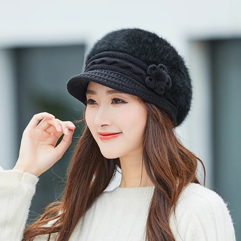Hat Female Winter Korean Flower Rabbit Fur Cap Thickened Beret Hood Warm Knitted Wool Cap Autumn Winter Mother's Cap