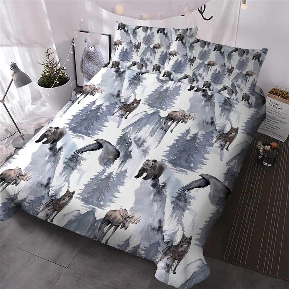 

HM Life Duvet Cover Set Wild Animals Print Watercolor Bedlinen Natural Trees Bedding Coverlet Eagle Bear Elk Wolf Bedclothes