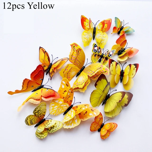 12PCS Butterfly Decoration stickers Decorative Butterflies For Birthday Party Supply 3D butterfly Theme Parti Decor Wedding yellow