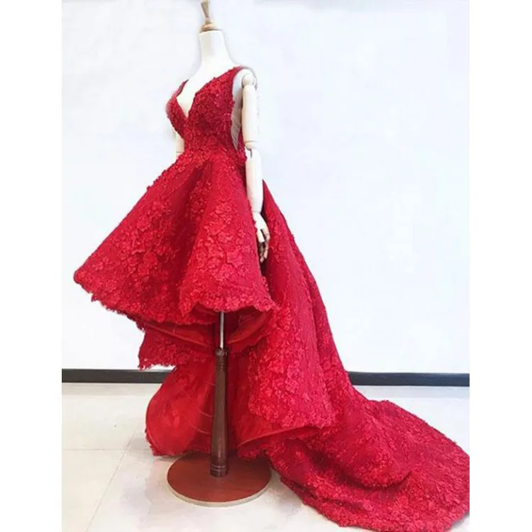 formal dresses & gowns Abiye Vintage Red Embroidery High Low Evening Dresses 2021 Lace 3D Flower Long Prom Gowns Modest Ruffles Arabic Formal Dress dinner dresses for ladies