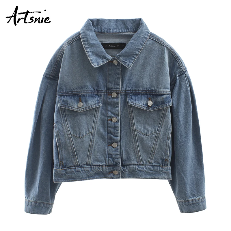 Artsnie lantaarn mouw blauwe toevallige vrouwen jas turn down kraag lange mouwen pockets jeans jassen vrouwelijke streetwear korte jassen Artsnie lantaarn mouw blauwe toevallige vrouwen jas turn down kraag lange mouwen pockets jeans jassen vrouwelijke streetwear korte jassen