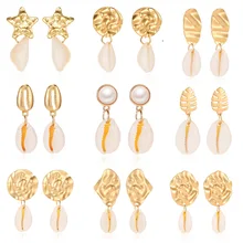 Bohemian Shell Dangle Earrings Geometric Baroque Coin Star Pearl Statement Earrings Stud for Women Teen Girls Boho Ocean Jewelry