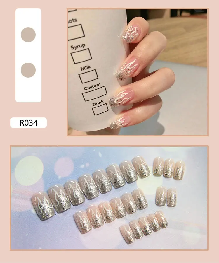 

24pcs Silver Nail Powder Flame False nails Flesh-colored Transparent Round Nail Tips Ballet Oval Fake Nail Extension Manicure