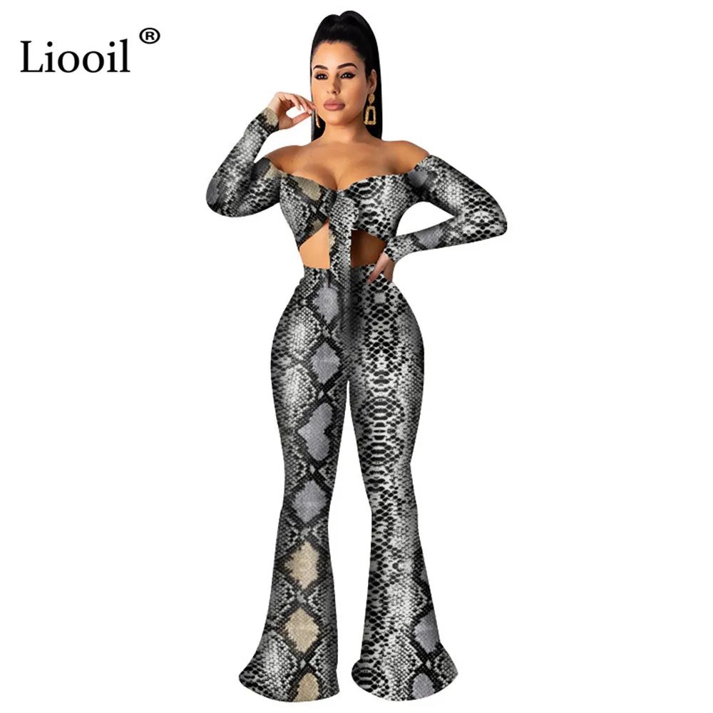 Liooil, Леопардовый принт, два предмета, вечерние, Клубные наряды для женщин, осень, длинный рукав, с открытыми плечами, сексуальный топ и расклешенные штаны, набор - Цвет: Многоцветный