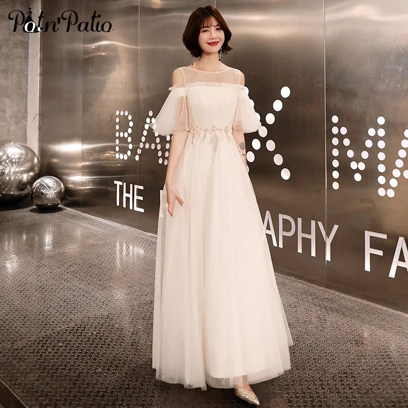 

Elegant Off The Shoulder Tulle Long White Evening Gowns 2019 New Backless Floor-length Plus Size Women Formal Evening Dresses