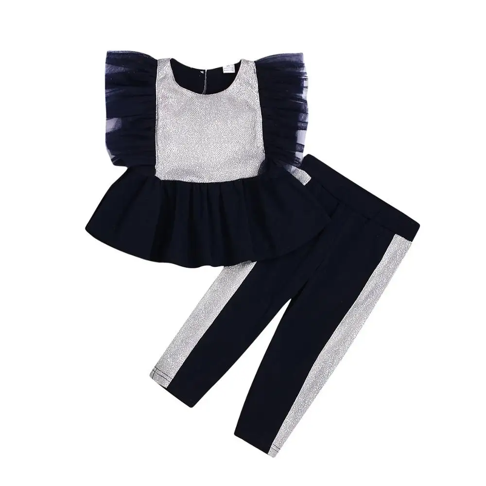 

Sequin Splice Mesh T Shirt+Pants 2Pcs Girls Clothing Sets For Children Clothes Suits 2019 Summer Girls Show Clothing