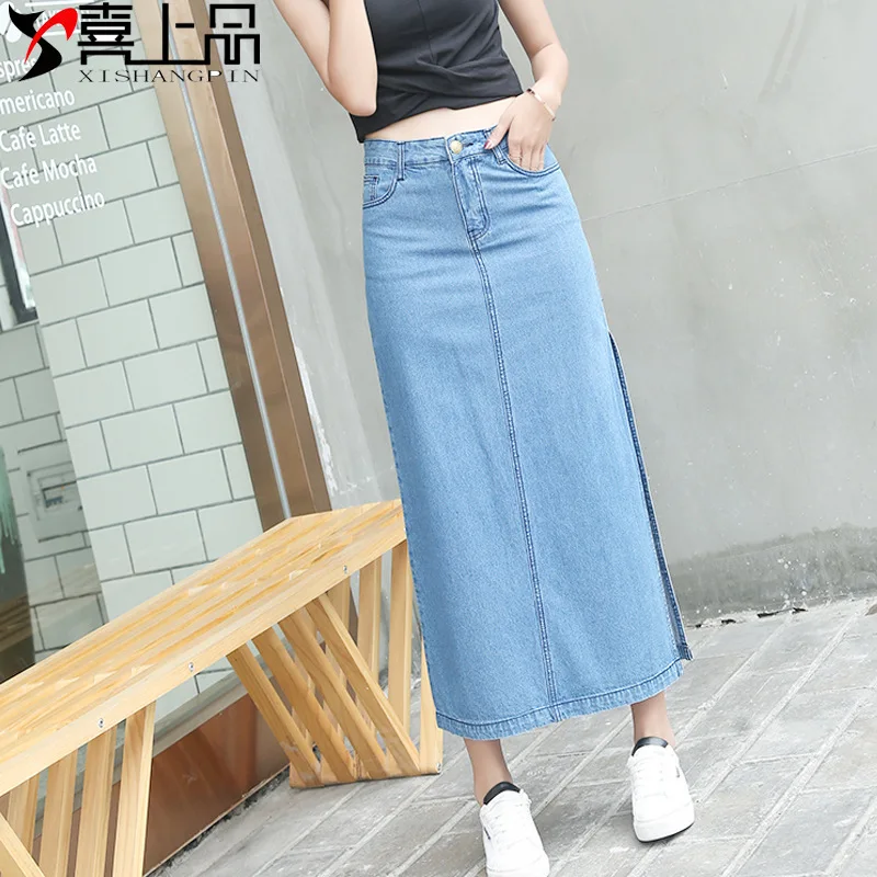 

2018 Autumn New Style Cowboy Half-length Skirt Europe And America High-waisted Elasticity Long Sheath A- line Skirt Slit One-ste