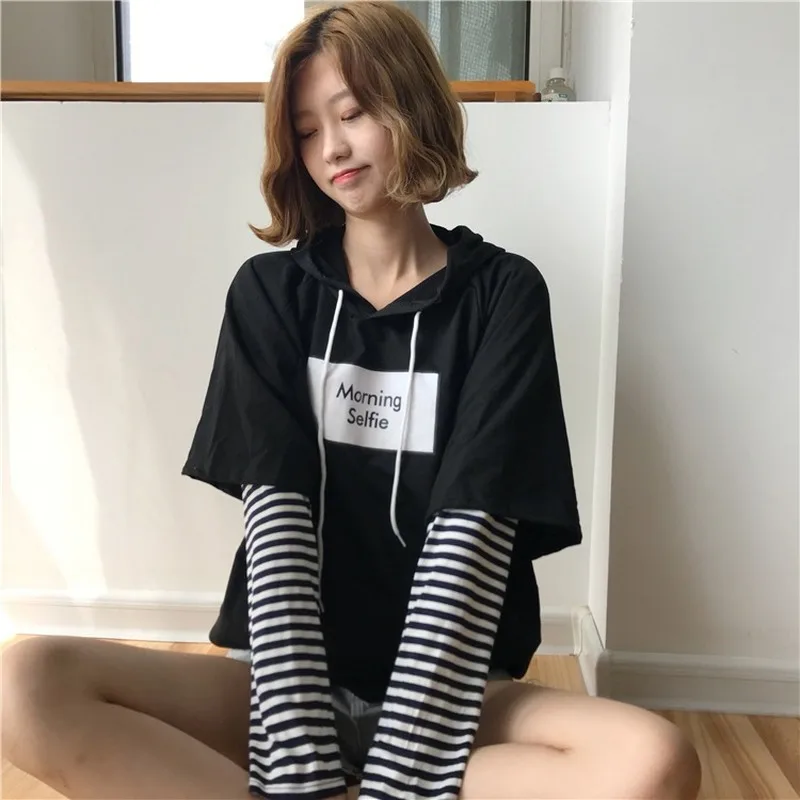 Woherb, новинка весны, Harajuku, уличная мода, толстовки для женщин, поддельные, 2 штуки, в полоску, с длинным рукавом, Корейская уличная одежда, свободная
