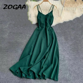 

ZOGAA 2020 New-Coming Spring Summer Holiday Dress Cross Spaghetti Strap Open Back Solid Beach Style Ankle-Length Women Dresses