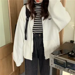 Mulher plus velo hoodies outono zip up streetwear oversize moletom jaqueta na moda sólido turn down bolso colarinho feminino outwear