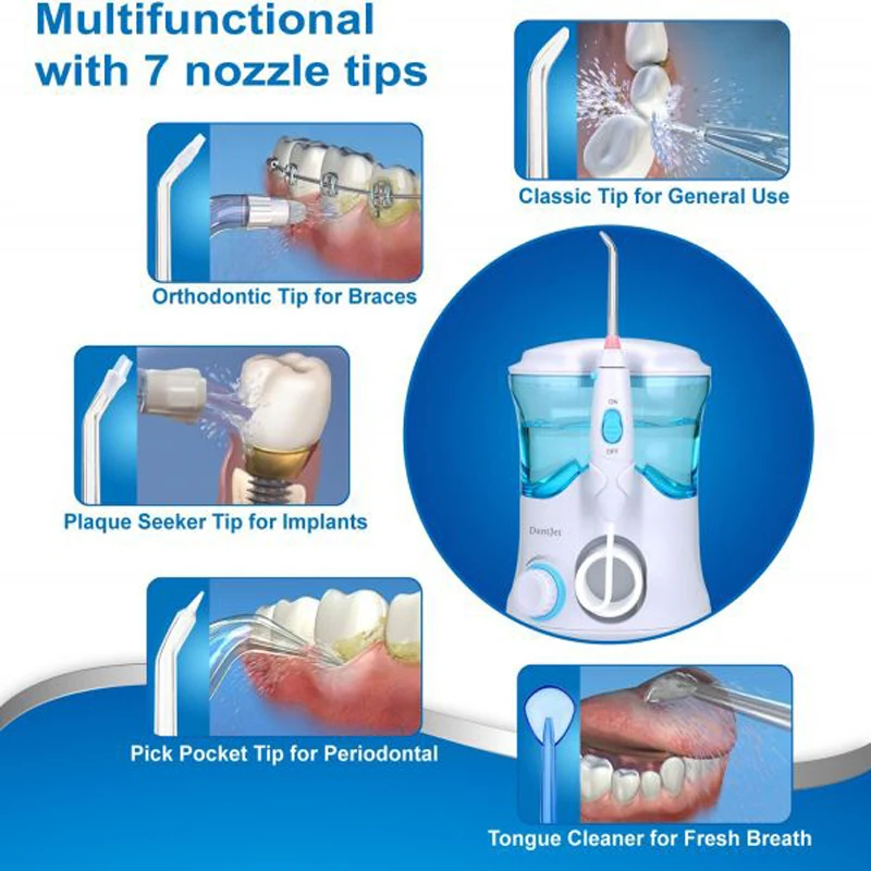 Limpeza dos Dentes Kit de Cuidados Hidro com 7 Elétrica Água Dental Flosser Irrigador Oral Multifuncional Dentários Jato Bocais 600ml 2 dentes jato hidro com 7 bocais