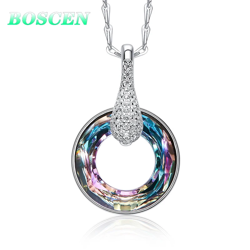 Sterling Colorful BOSCEN кулон ожерелье для женщин Девушка День рождения подарок на день Святого Валентина украшенный кристаллами от Swarovski Круглые красочные - Цвет камня: Sterling Colorful