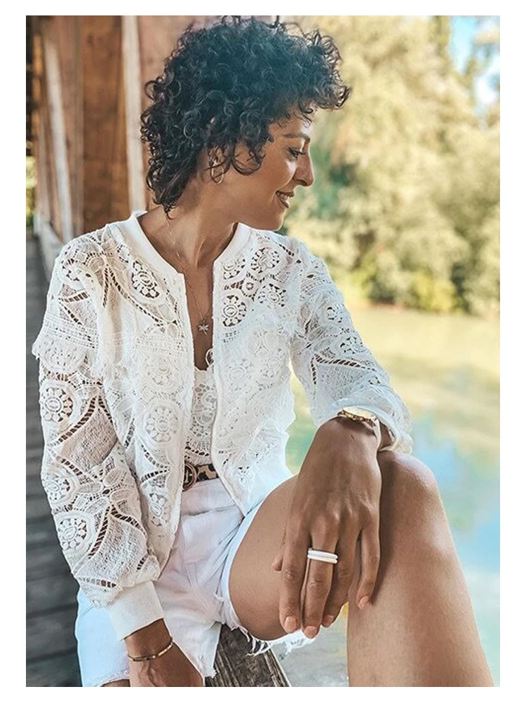 astounding  Sheinside White Elegant Hollowed Out Lace Jacket Women 2019 Back Frayed Edge Detail Jackets Ladies 