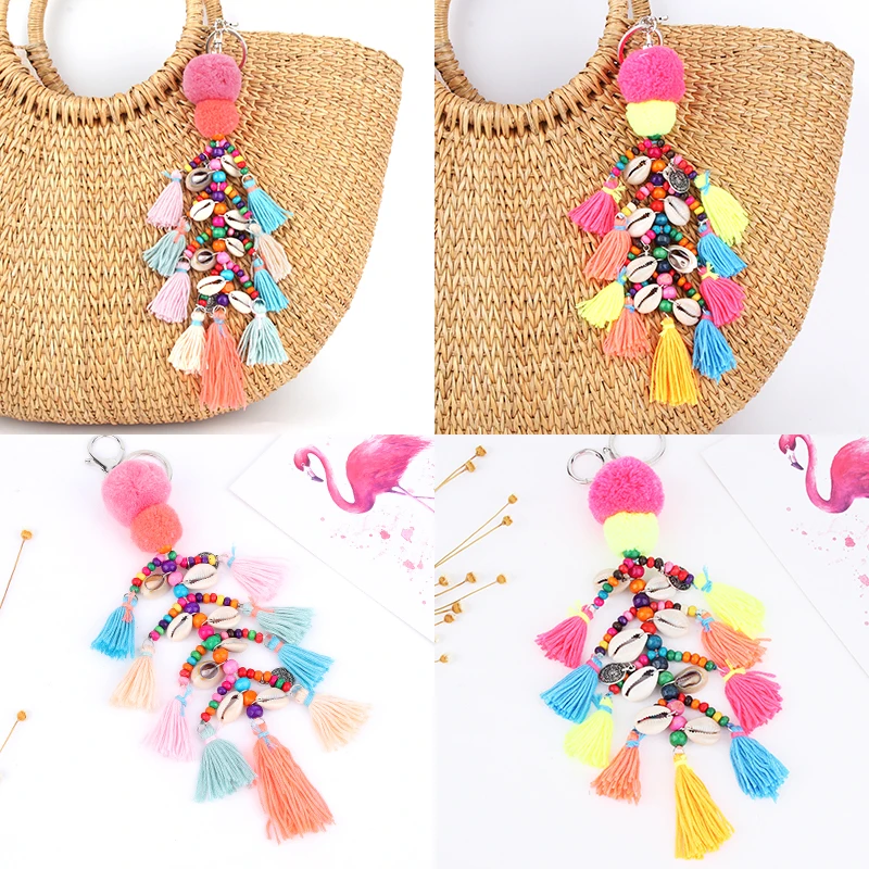 

1Pc Handmade Ethnic Colorful Thread Tassel Natural Shell Pendant Keychain PomPom Bohemian Women Wallet Gift Jewelry E2745/E2746