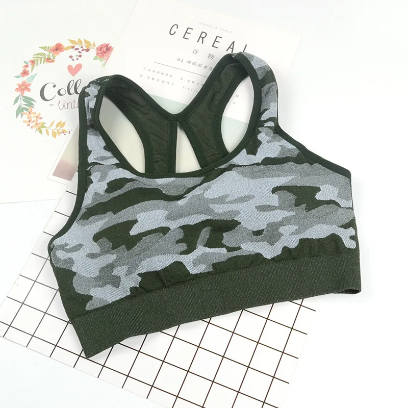 NORMOV Women Camouflage Sports Bra Wirefree Shockproof Gym Running Bra Cropped Tops Seamless Padded Fitness Vest Sportwear - Цвет: Армейский зеленый