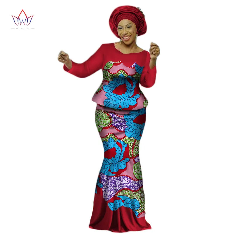 Africa Style Bazin Riche Dresses for Women Two Pieces Set Women Long Sleeve Tops and Long African Print Skirt Plus Size WY2454 - Цвет: 7