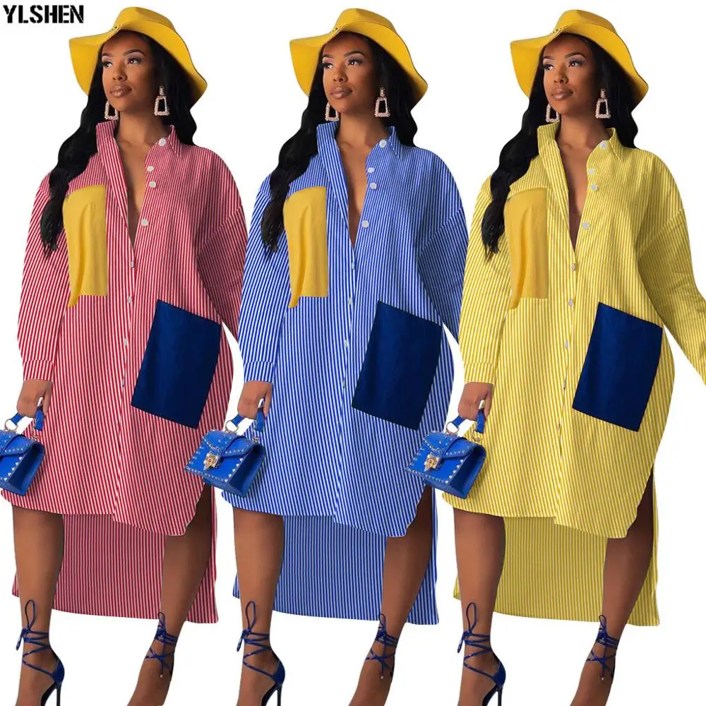 New African Dresses for Women Dashiki Stripe Print Clothes Fashion Pocket Long Sleeve Africa Shirt Dress Ladies Clothing | Тематическая