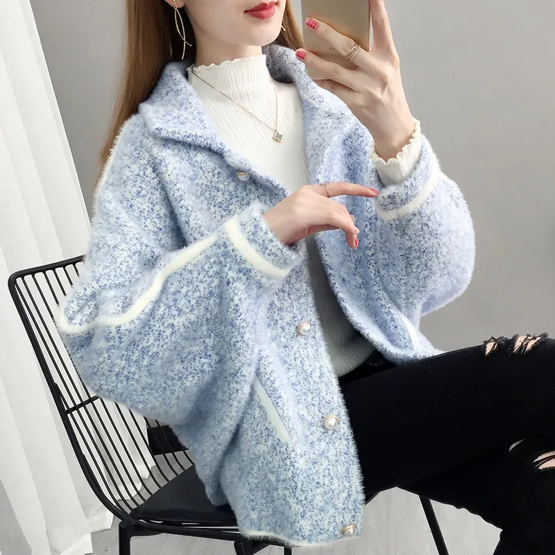 

Imitation Mink Velvet Coat Women Thick Warm Sweater Loose Short Knitted Cardigan Female Bat Sleeve Single-Breasted Outwear