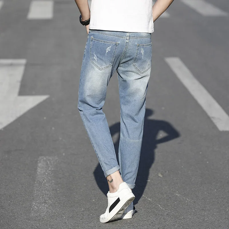 Cheap Men's washed jean pantsSpring Autumn Men's Elastic Cotton Stretch Jeans Pants Loose Brand Fashion Wear and Fit Denim Trousers