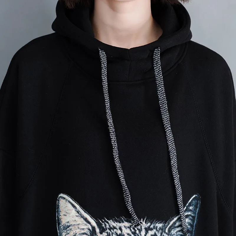 Женские толстовки с капюшоном с мультяшным принтом Kawaii cat, плюс размер, бархатная Осенняя свободная толстовка с капюшоном Harajuku, Женская толстовка, черная толстовка с капюшоном, 5XL