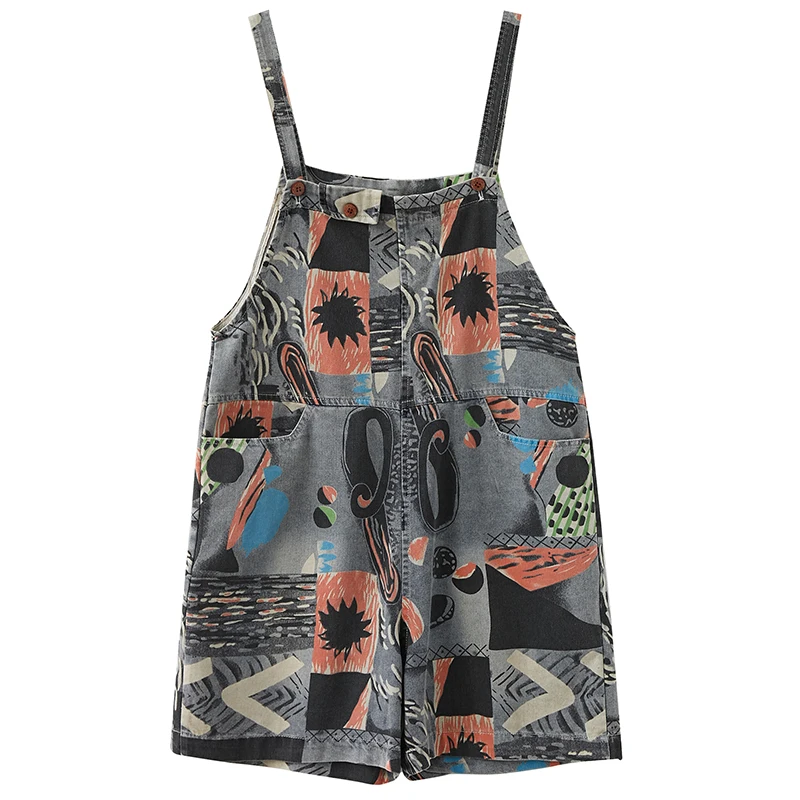 Vintage Denim Printed Overall Shorts Woman 2020 Summer High Waist Strap Jumpsuit Wide Leg Shorts Loose Casual Playsuit Rompers