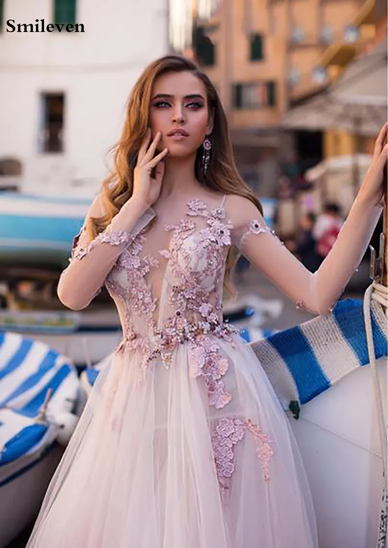 picture color Smileven свадебное платье принцессы одежда с длинным рукавом трапециевидной формы пляжные платья невесты 3D цветами и кружевной аппликацией свадебное Свадебные платья BOHO - Цвет: picture color