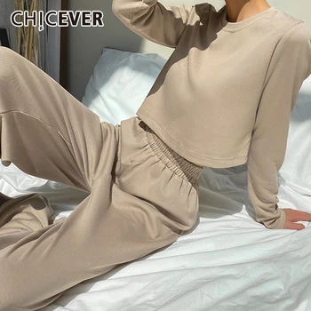 

CHICEVER Casual Two Piece Set For Women O Neck Long Sleeve Pullover High Waist Loose Wide Leg Pants Brown Sets Female 2020 Style