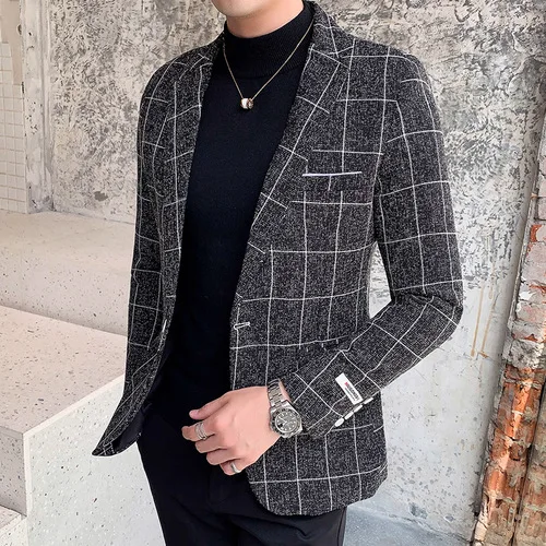Осень-зима мужской пиджак, жакет цвет: черный, синий серый Slim Fit Для мужчин платье куртки Размеры S M L XL XXL XXXL решетки Бизнес костюм Для мужчин пальто - Color: Black