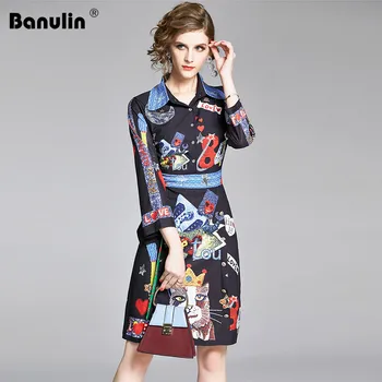 

Banulin Runway Summer Fashion Runway Mini Short Dress Women's Long Sleeve Abstract pattern Cartoon Black Vintage Dress
