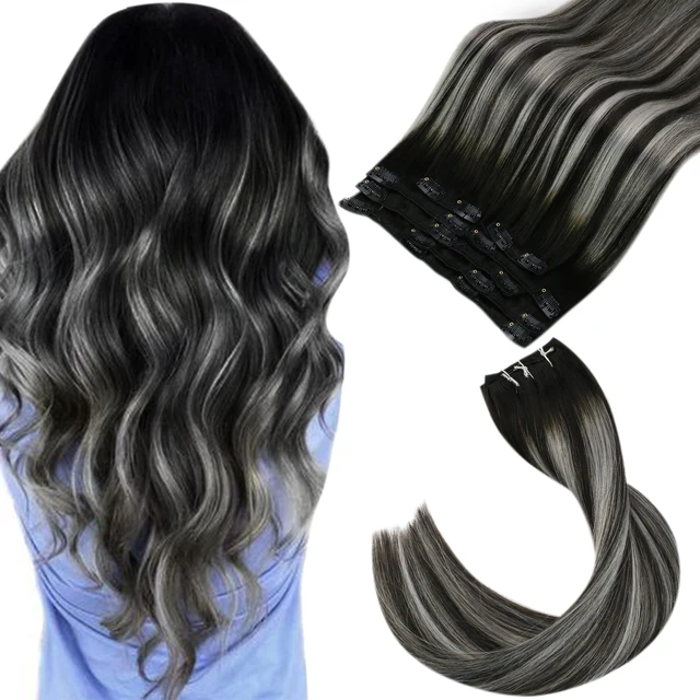 VeSunny Clip in Hair Extension Human Hair Ombre Blonde Remy Seamless Hair Extension Human Hair Brown Balayage Natural Human Hair 1b-silver-1b
