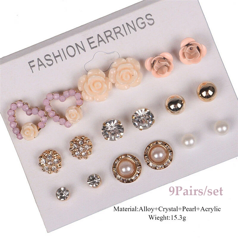 

9 Pairs Earrings Set Flower Crystal Ear Studs Earrings for Women Fashion Elegant Pearl Earring Wedding Party Jewelry