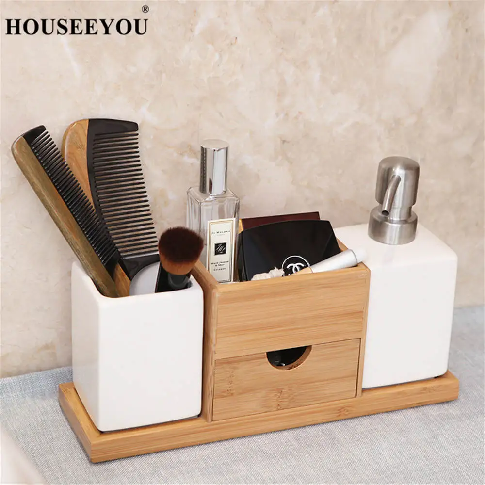 

3in1 Bathroom Accessories Set Makeup Cosmetic Storage Tray Box Liquid Soap Dispenser Dish Tumblers Toothpaste Toothbrush Holder