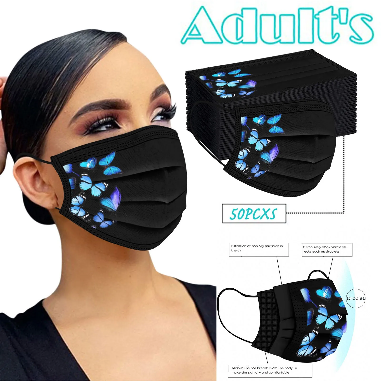 50 шт Mascarillas Higienicas Homologadas одноразовая маска для лица с принтом бабочки Masques Chirurgicaux