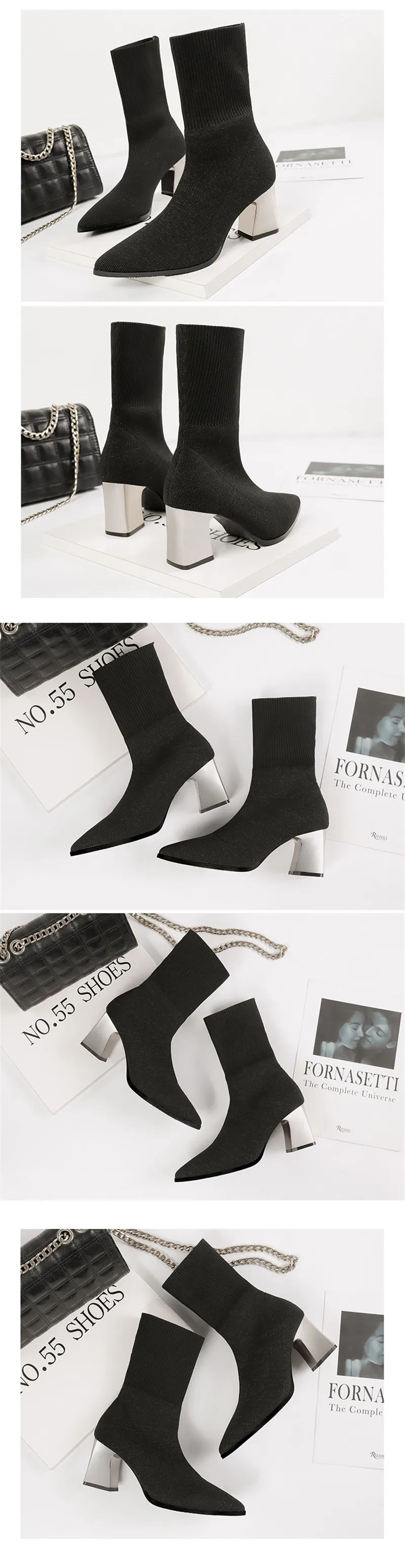 Sexy Pointed Toe Ankle Sock Boots For Woman Knit Elastic  Female Western Boots Thick High Heels French Women's Boots Socks Shoes (5)