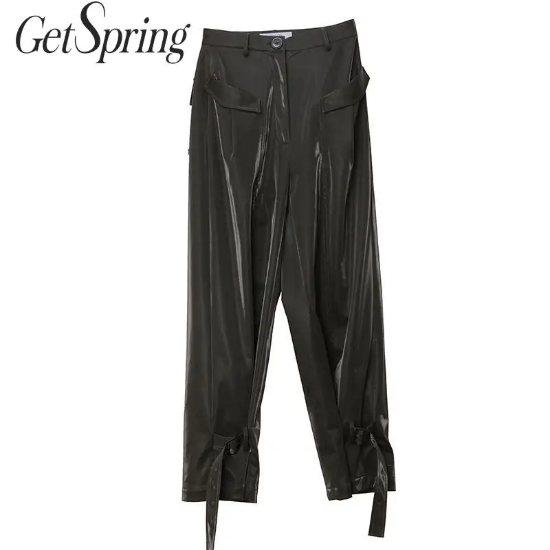 

GetSpring Women Pants PU Leather High Waist Wide Leg Pants Handsome Leather Pants Multi Wear Long PU Trousers Autumn Winter 2019