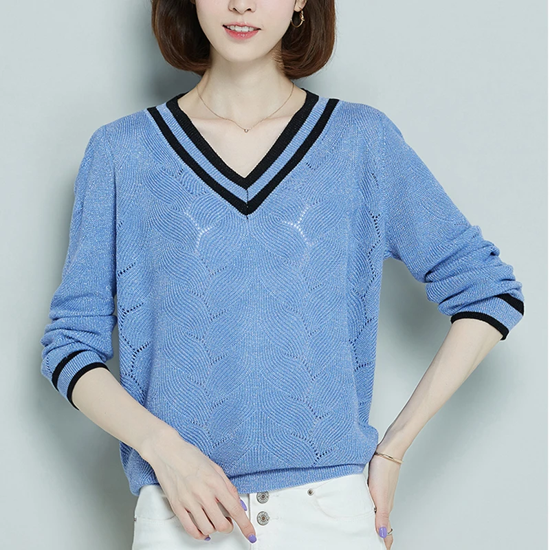 

Women's Tops V-neck Knitting Full Sleeve Women's Spring 2019 Autumn Korean Openwork Sweater loose Casual Knitting Blusa 931J7