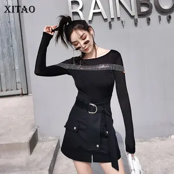 

XITAO Personality Diamonds Black T Shirt Women Clothes Spring New Slim Pullover Full Sleeve Match All Casual Tee Top DMY3116