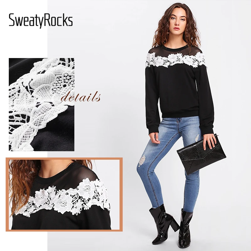 Свитер SweatyRocks с черной сеткой, кружевной пуловер с аппликацией, топы, осень, эластичный прозрачный свитшот, Повседневная Уличная Толстовка
