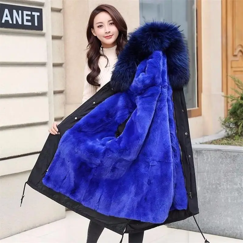 Зимнее женское пальто из натурального меха с кроличьим мехом, роскошное теплое меховое пальто, Свободное длинное пальто, плотное теплое, большие размеры, женские плюшевые пальто - Цвет: Синий