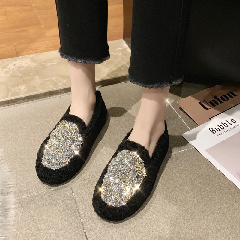 

Fashion New Winter Black Shoes Women Rhinestone Fur Shoes Joker comfort Women's Ankle Boots Suede Flats New Furry Boots W36-58